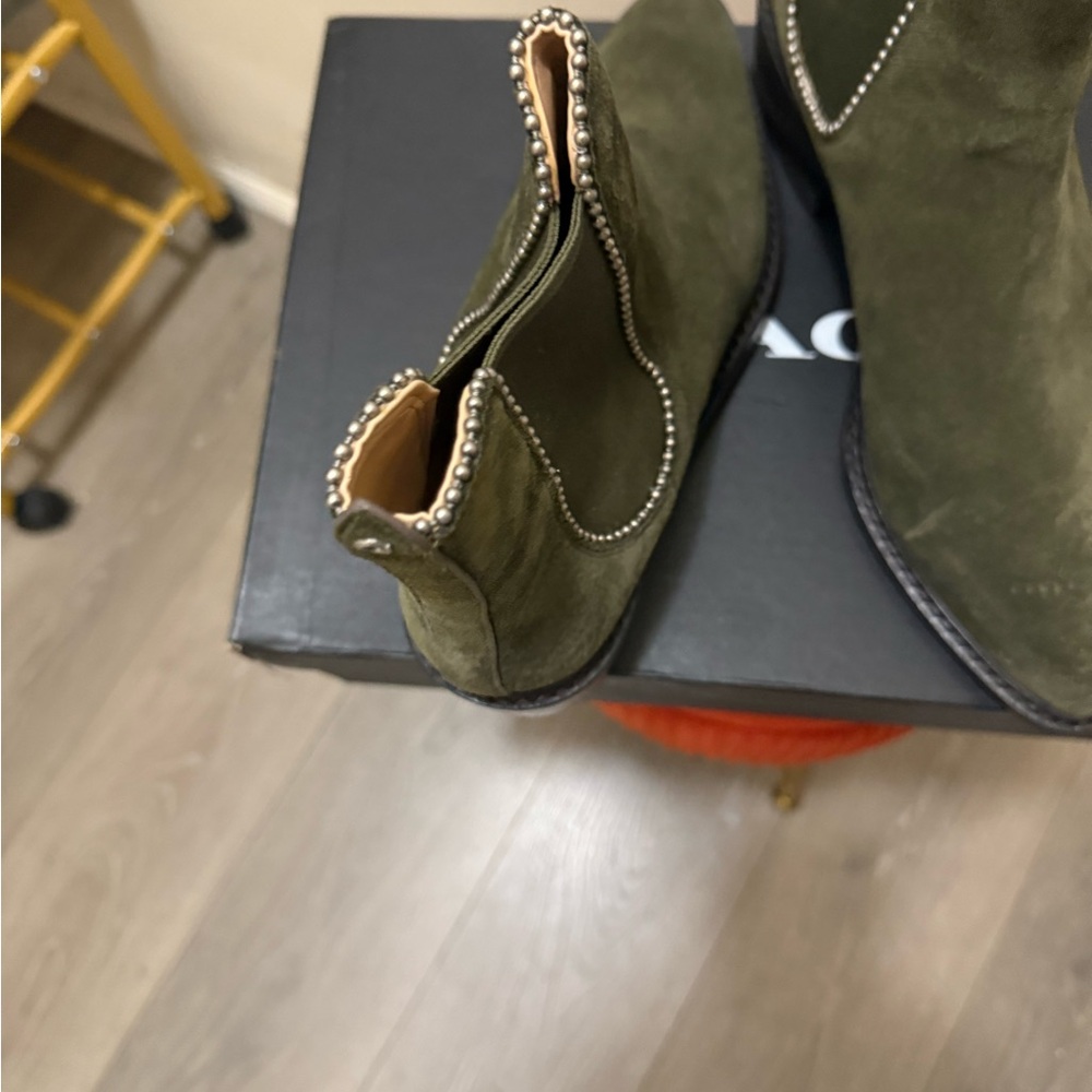 Coach Olive Green Suede Ankle Boots with Studded Trim - Picture 3 of 4